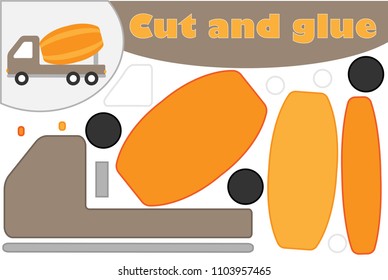 Concrete mixer cartoon style, education game for the development of preschool children, use scissors and glue to create the applique, cut parts of the image and glue on the paper, vector illustration