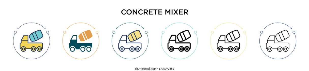 Concrete mixer icon in filled, thin line, outline and stroke style. Vector illustration of two colored and black concrete mixer vector icons designs can be used for mobile, ui, web