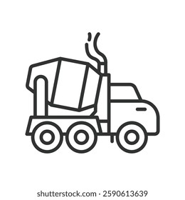 Concrete mixer, icon in line design. Concrete mixer, cement truck, industrial vehicle, cement drum, construction site on white background vector. Concrete mixer editable stroke icon