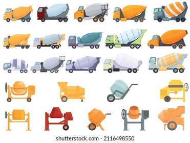 Concrete mixer icons set cartoon vector. Cement truck. Auto blender