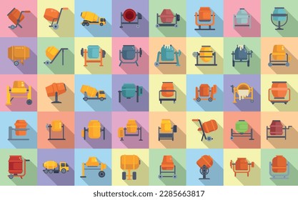 Concrete mixer icons set flat vector. Truck cement. Auto blender