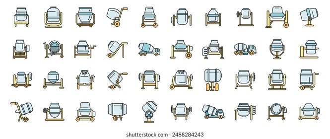 Concrete mixer icons set outline vector. Truck cement. Auto blender thin line color flat on white