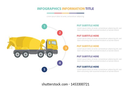concrete mixer infographic template concept with five points list and various color with clean modern white background - vector
