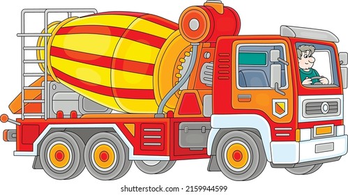 Concrete mixer lorry with a funny driver working for a building site, vector cartoon illustration on a white background