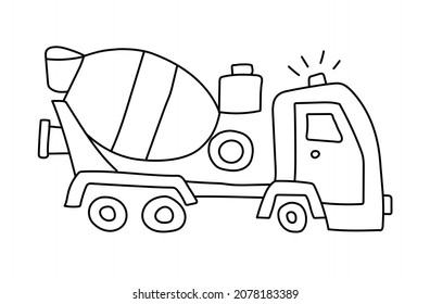 Máquina mezcladora de concreto. Maquinaria de construcción. Estilo de doodle de contorno. Ilustración del vector