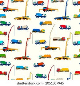 Concrete mixer and pump trucks repeating pattern, vector illustration
