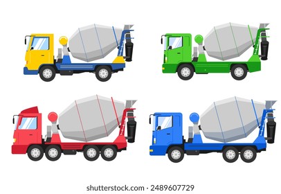 concrete mixer set. Side view. construction cartoon Vector illustration