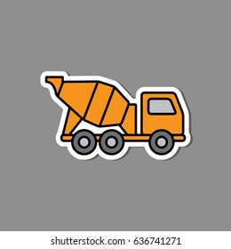 Concrete mixer sticker emblem. Construction machinery in flat style.