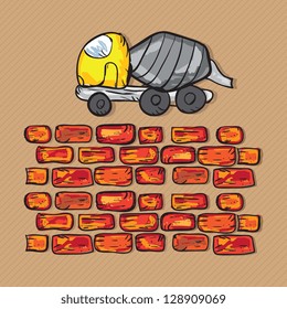 Concrete Mixer Truck with bricks. Vector illustration
