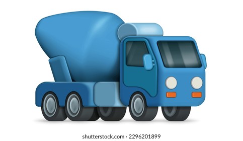 Concrete mixer truck in cartoon 3d style. Machine for cement, industry, industry and construction of buildings and architecture, rendering mix delivery vehicle vector illustration