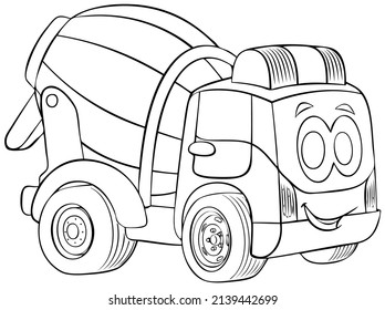 Concrete mixer truck. Element for coloring page. Cartoon style.