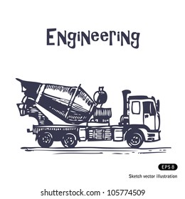 Concrete mixer truck. Hand drawn sketch illustration isolated on white background