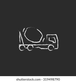Concrete mixer truck hand drawn in chalk on a blackboard vector white icon isolated on a black background.