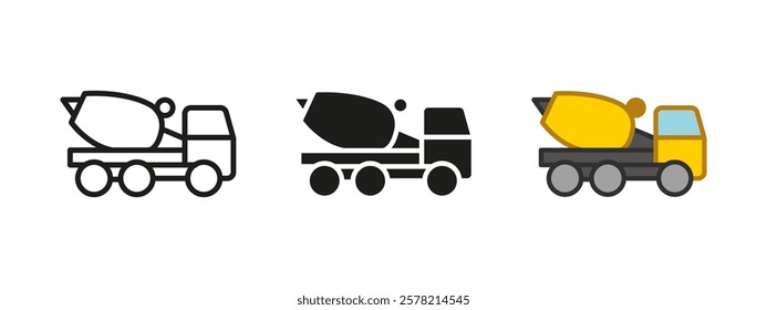 Concrete mixer truck icon. Cement mixer industrial car vector illustration. Batching machine vehicle symbol. Building materials transportation sign. Mixing lorry car pictogram. Heavy machinery concept