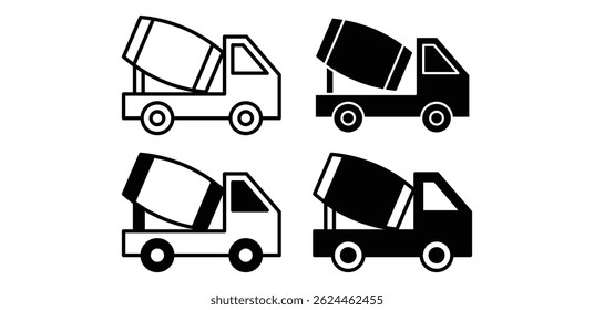 Concrete Mixer Truck Icons Set Black and White Color Vector Design