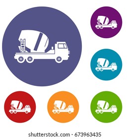 Concrete mixer truck icons set in flat circle reb, blue and green color for web