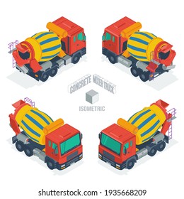 Camión mezclador de concreto. Isometric 3d ilustración vectorial en estilo plano sobre un fondo blanco. Conjunto de cuatro vistas isométricas. 