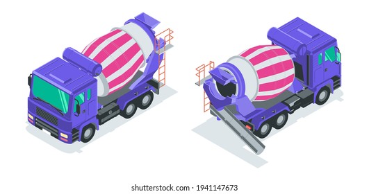 Concrete mixer truck. Isometric 3d vector illustration in flat style on a white background. Front view and back view. 