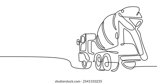 Concrete Mixer Truck in Motion. Continuous One Line Drawing Illustrating Its Role in Building and Infrastructure.