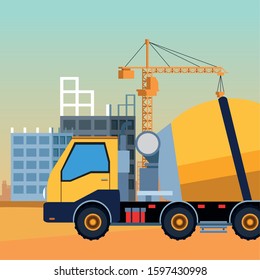 concrete mixer truck over under construction scenery background, colorful design, vector illustration