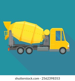 Concrete mixer truck side view in flat design on blue background with long shadow