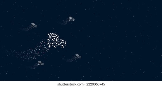 A concrete mixer truck symbol filled with dots flies through the stars leaving a trail behind. There are four small symbols around. Vector illustration on dark blue background with stars