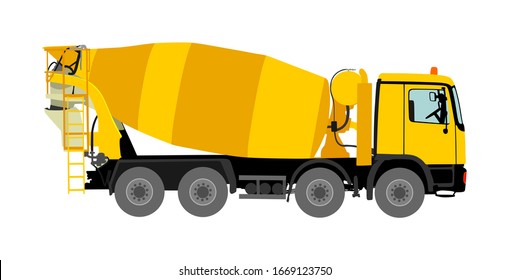 Concrete Mixer Truck Vector Illustration Isolated On White Background. Industrial Material Transportation. Pouring Cement Mixer On Construction Site. Building Industrial Tool. Heavy Industry Machine.