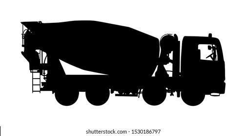 Concrete Mixer Truck Vector Silhouette Isolated On White Background. Industrial Material Transportation. Pouring Cement Mixer On Construction Site. Building Industrial Tool. Heavy Industry Machine.