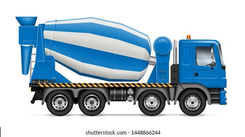 Concrete mixer truck with view from side isolated on white background. Construction vehicle vector mockup, easy editing and recolor