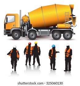 Concrete mixer truck and workers isolated on white. Vector illustration