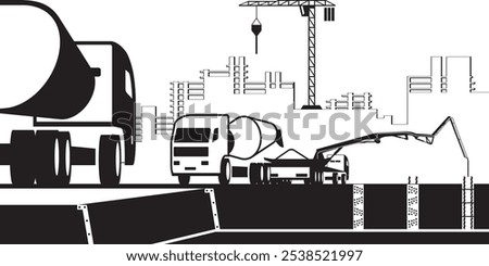 Concrete mixer trucks working on construction site - vector illustration