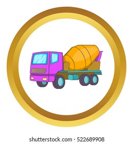 Concrete mixer vector icon in golden circle, cartoon style isolated on white background