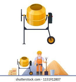 Concrete mixer, vector illustration concrete mixer builder sand cement shovel bucket, construction site.