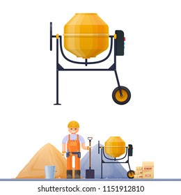 Concrete mixer, vector illustration concrete mixer builder sand cement shovel bucket, construction site.