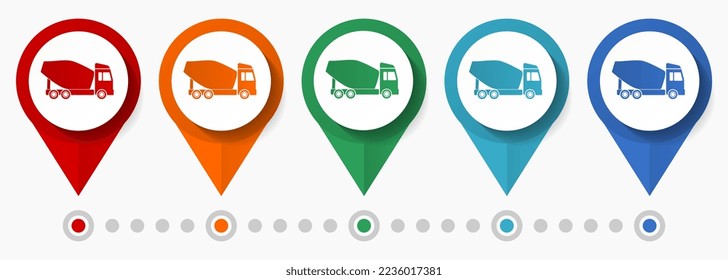 Concrete mixer, vehicle concept vector icon set, flat design truck pointers, infographic template easy to edit