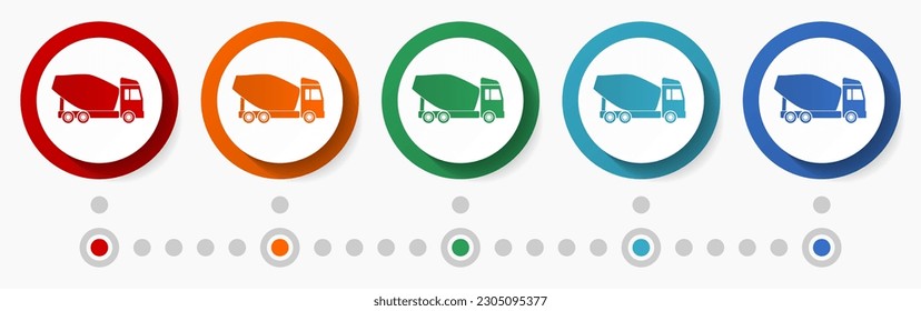Concrete mixer, vehicle concept vector icon set, infographic template, flat design colorful web buttons in 5 color options