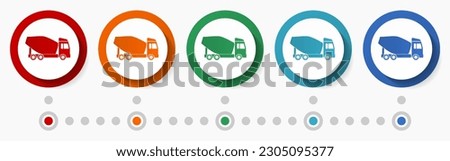 Concrete mixer, vehicle concept vector icon set, infographic template, flat design colorful web buttons in 5 color options