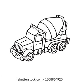 Concrete mixer vehicle for transporting cement, original hand drawn truck illustration. Construction machine transporter for fixing and building simple black outline on white background, logo design.