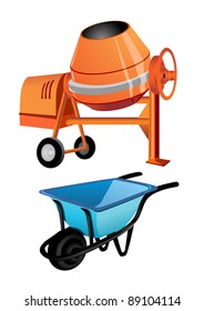 Concrete mixer and wheelbarrow