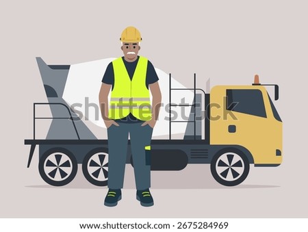 A concrete mixer worker at the construction site, wearing safety gear and readying his equipment for a productive day of mixing and pouring concrete, emphasizing teamwork and diligence