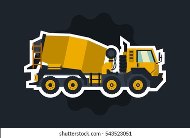Concrete mixer. Yellow truck with special equipment. The object circled white outline on a dark background. Construction machinery. Flat style