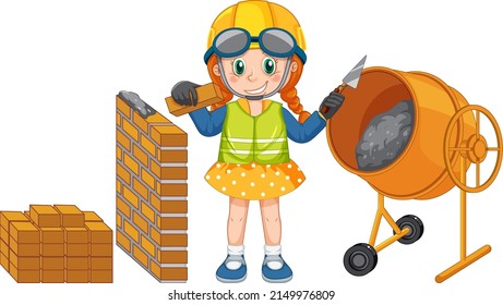 Concrete mixing drum with a girl cartoon character illustration