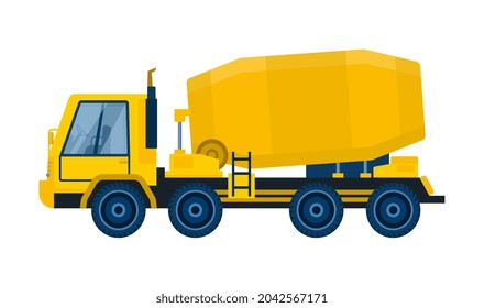 Concrete mixing equipment concept. Truck with large capacity for transporting cement. Design element for stickers, icons and posters. Cartoon flat vector illustration isolated on white background