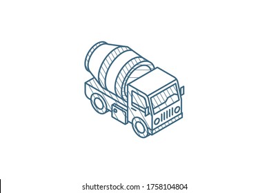 Concrete mixing truck isometric icon. 3d vector illustration. Isolated line art technical drawing. Editable stroke