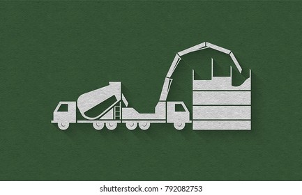 Concrete mixing truck and concrete pump truck silhouettes on green background, building process illustrating, concrete industry logo icon. Craft textured. Paper art style.