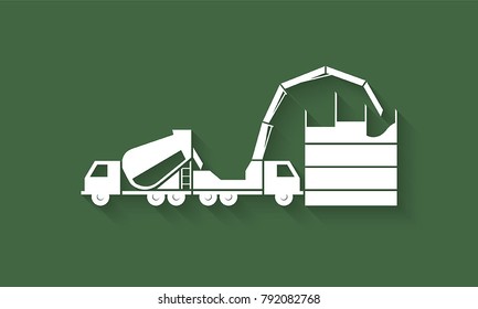 Concrete mixing truck and concrete pump truck silhouettes on green background, building process illustrating, concrete industry logo icon. 