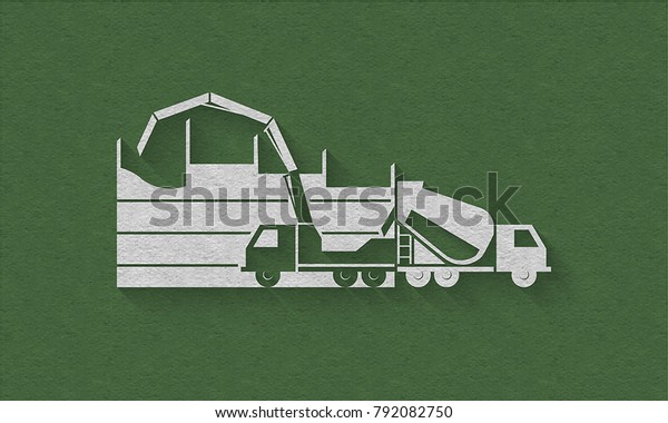 Concrete mixing
truck and concrete pump truck silhouettes on green background,
concreting process illustrating, concrete industry logo icon. Craft
textured. Paper art
style.