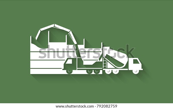 Concrete mixing truck and concrete pump truck\
silhouettes on green background, building process illustrating,\
concrete industry logo\
icon.