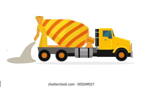 Concrete mixing truck vector. Flat design. Industrial transport. Construction machine. Yellow lorry with mixer pour out cement. For construction theme illustrating, building companies ad. On white