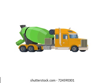 Concrete mixing truck vector. Flat design. Industrial transport. Construction machine. Yellow lorry with green mixer. For construction theme illustrating, building companies ad. On white